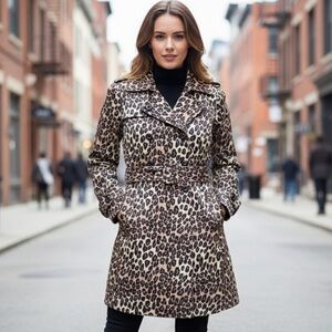 Y2K Mob Wife 90s Trench Coat‎ Cheetah Animal Print Rampage Mid Length Sz Medium